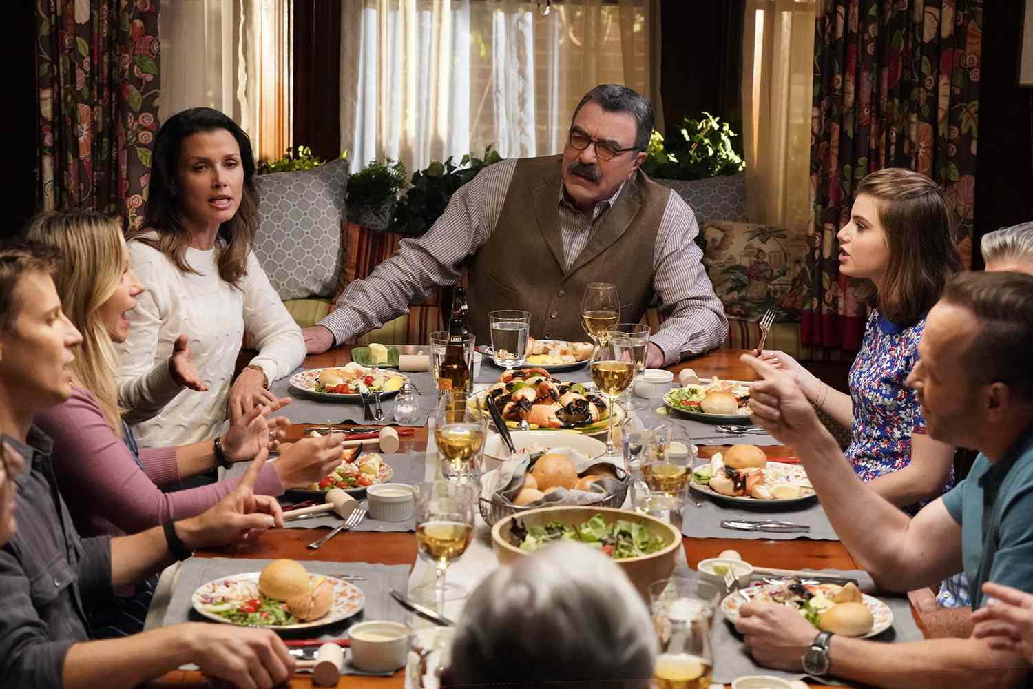 John Paul Filo/CBS via Getty From left: Will Estes as Jamie Reagan, Vanessa Ray as Officer Eddie Janko, Bridget Moynahan as Erin Reagan, Tom Selleck as Frank Reagan, Sami Gayle as Nicky Reagan-Boyle, Donnie Wahlberg as Danny Reagan on 'Blue Bloods'